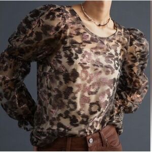 Eva Franco Leopard Print Blouse Womens Large Brown Metallic Sheer Puff Sleeve